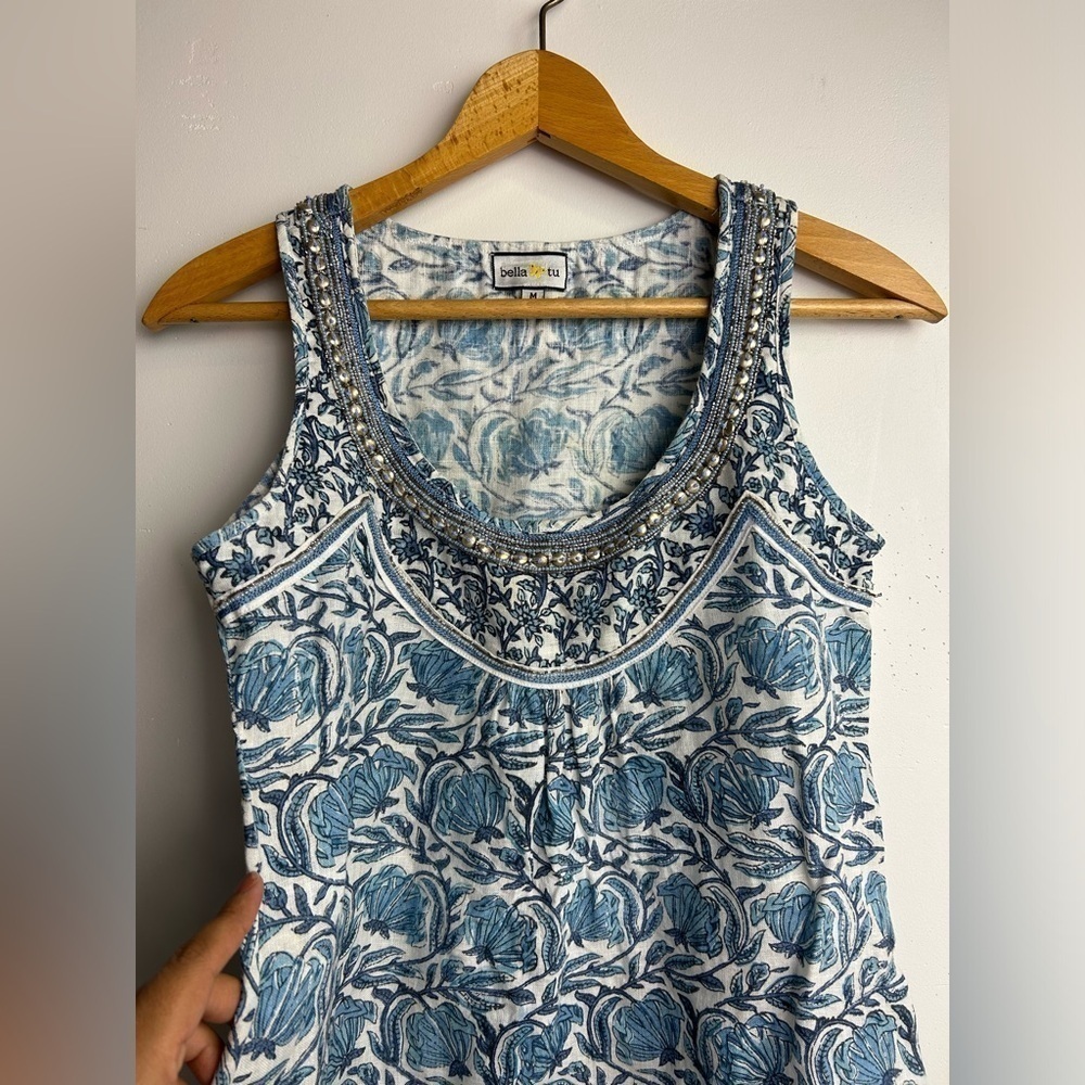 Bella tu Linen Mid dress Blue Floral Boho Embellished Neck Sleeveless Shift Sz M - Picture 5 of 15